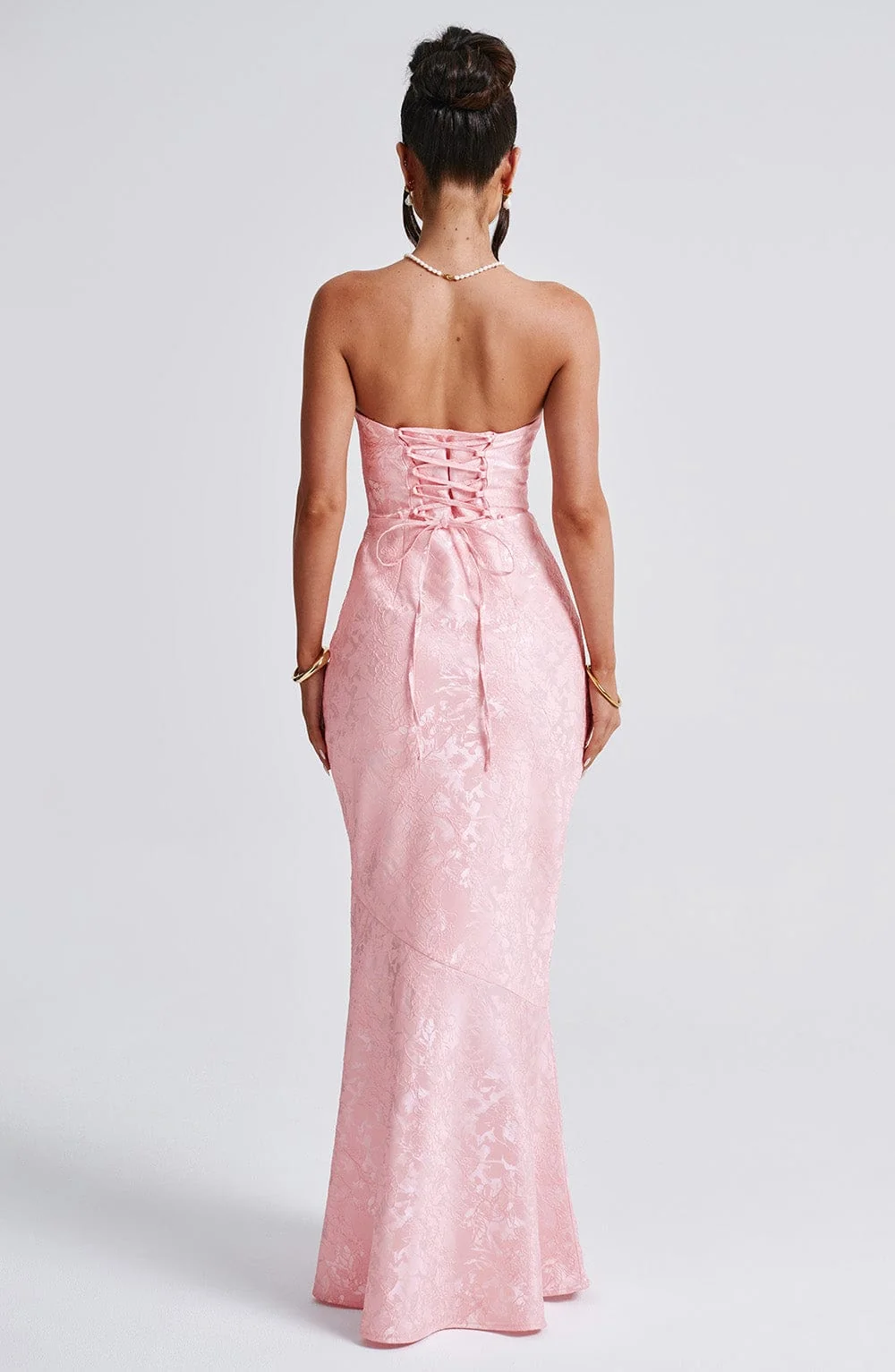Blush Floral Jacquard Strapless Maxi Dress with Bow Detail