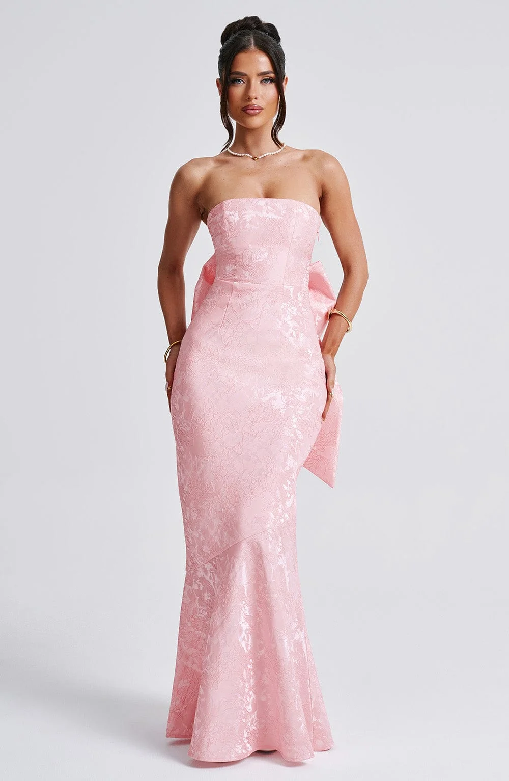 Blush Floral Jacquard Strapless Maxi Dress with Bow Detail
