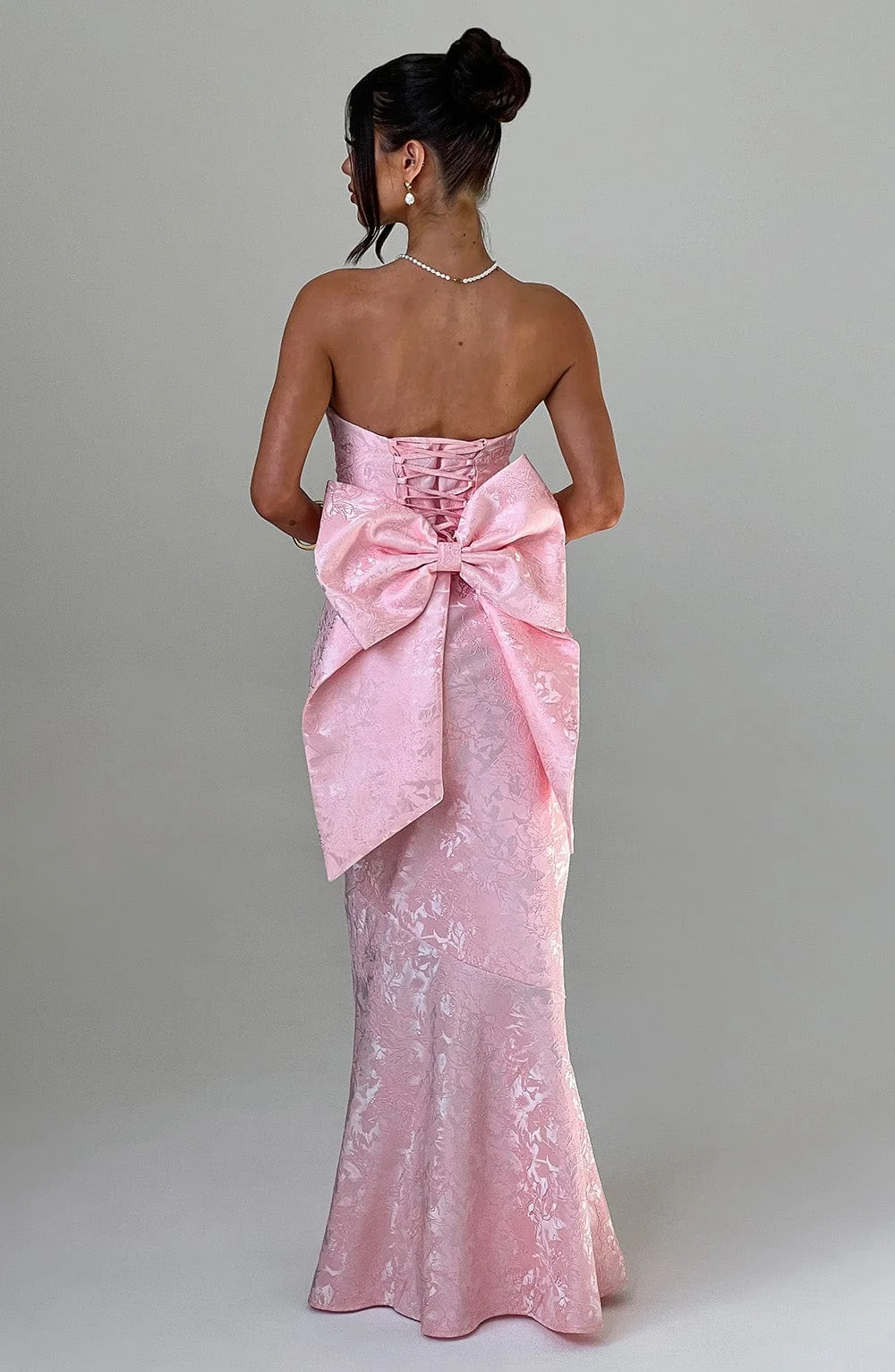 Blush Floral Jacquard Strapless Maxi Dress with Bow Detail