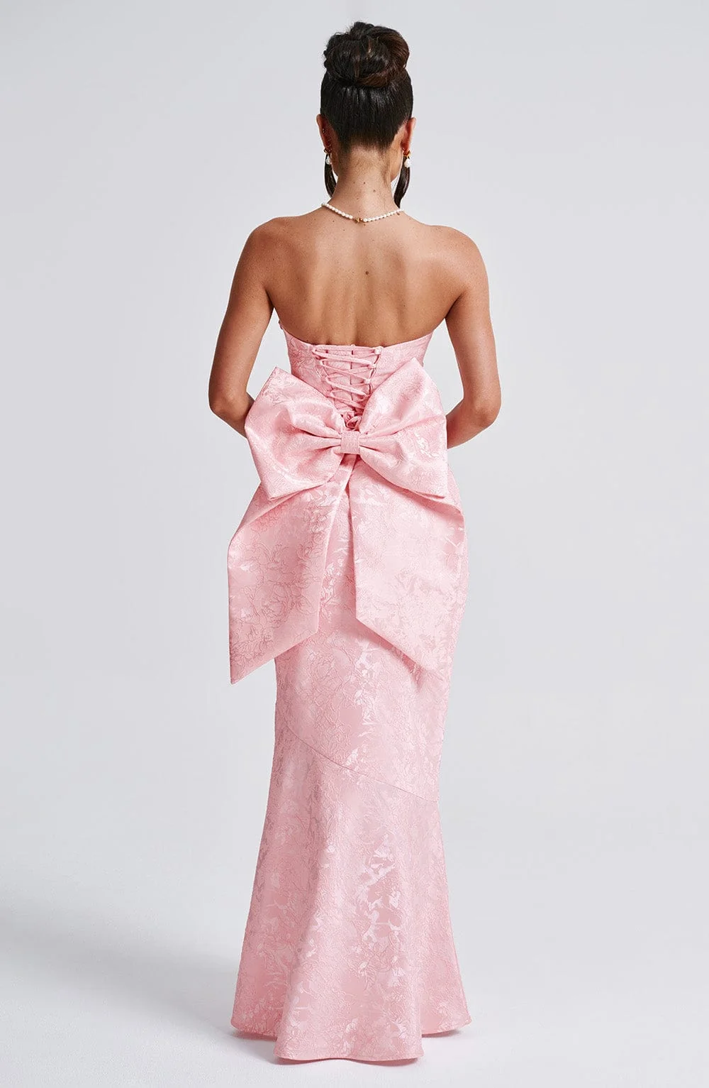 Blush Floral Jacquard Strapless Maxi Dress with Bow Detail