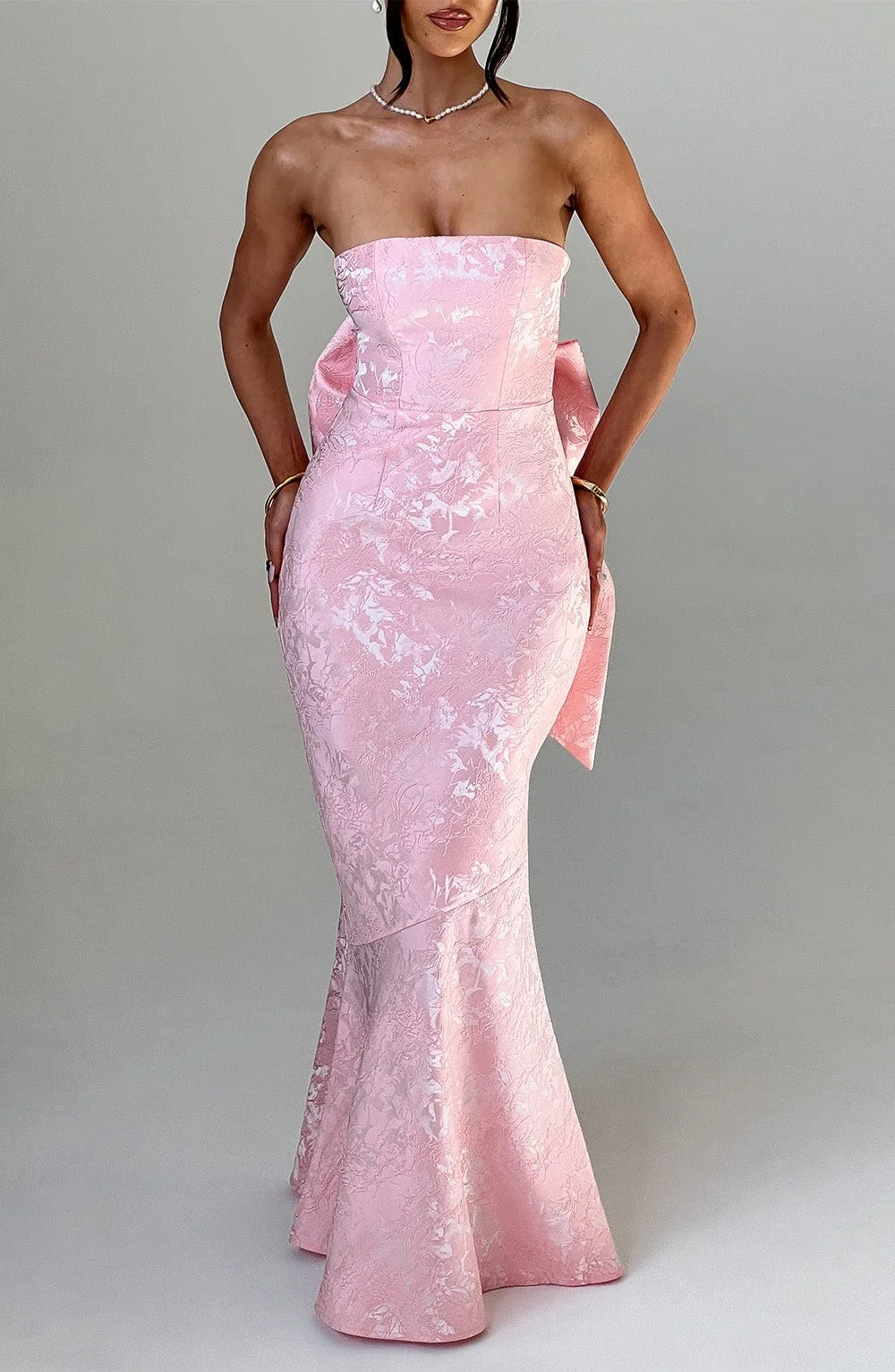 Blush Floral Jacquard Strapless Maxi Dress with Bow Detail