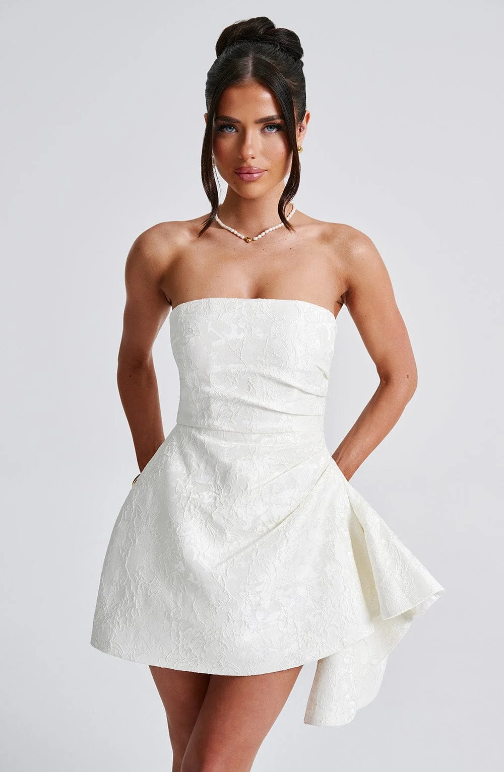 Romantic Ivory Floral Playsuit with Asymmetric Pleats - XS-XXL