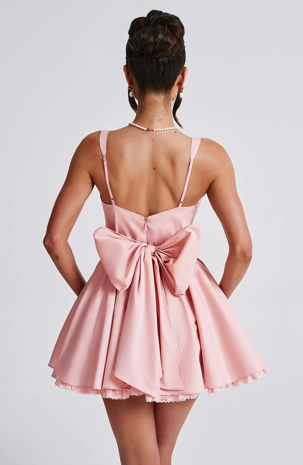 Blush Lace Trim Mini Dress with Bow Back Detail
