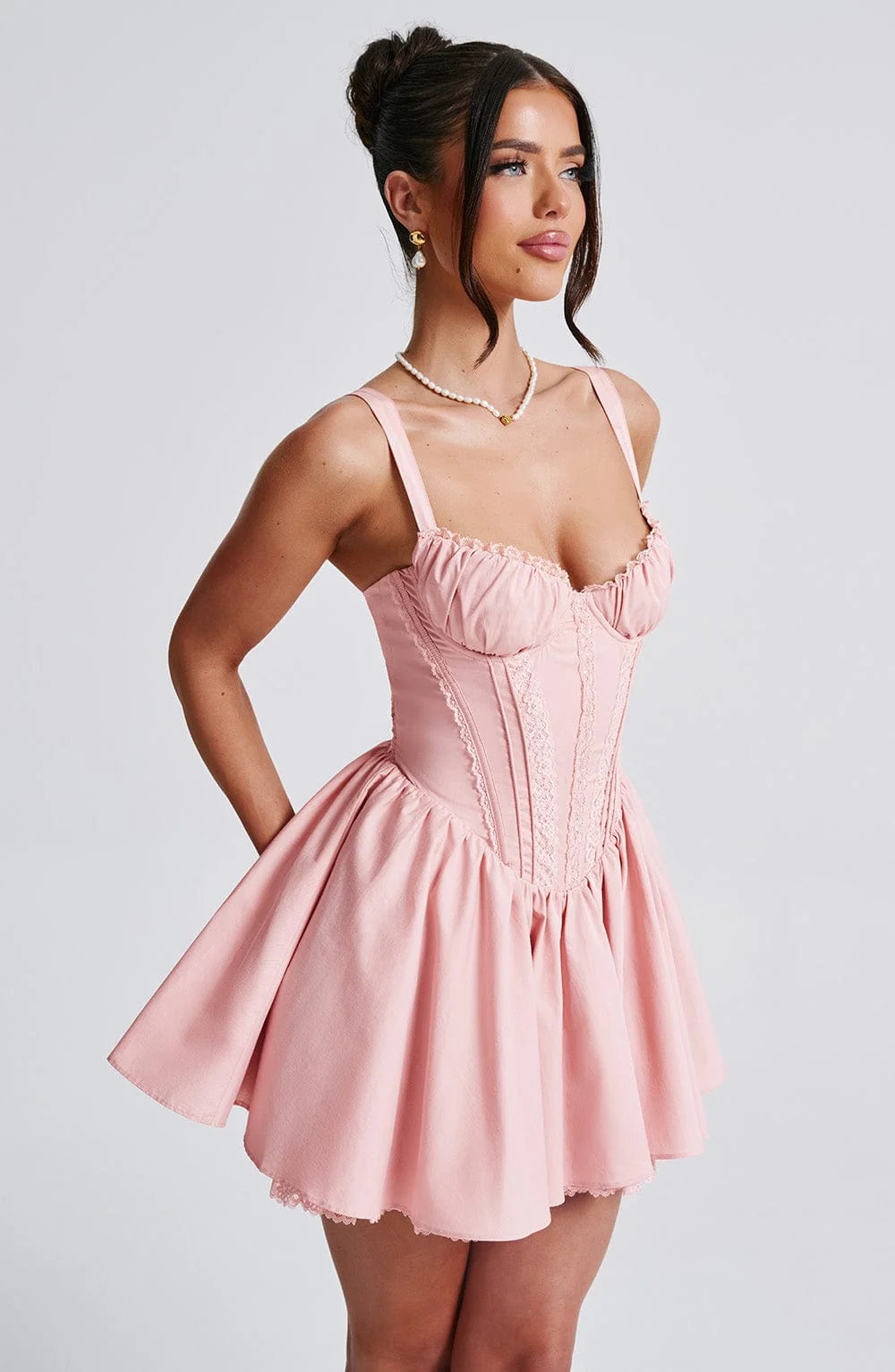 Blush Lace Trim Mini Dress with Bow Back Detail