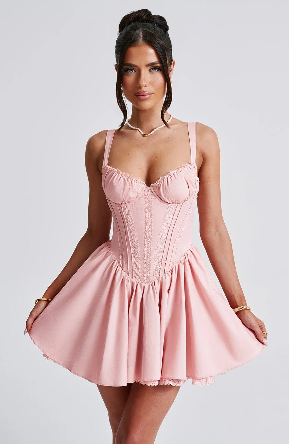 Blush Lace Trim Mini Dress with Bow Back Detail