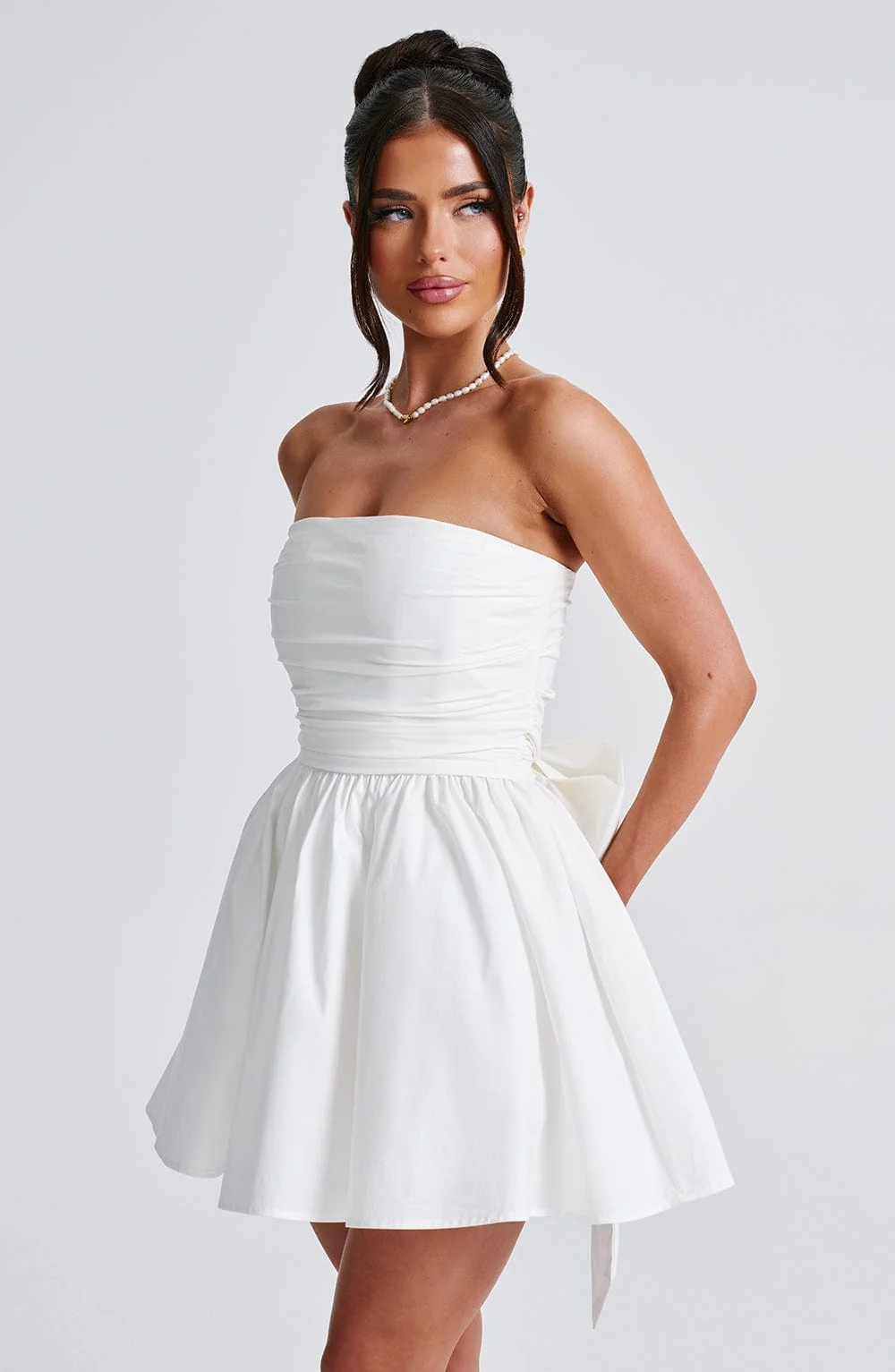 Ivory Strapless Bow Mini Dress - Womens Elegant Evening Apparel