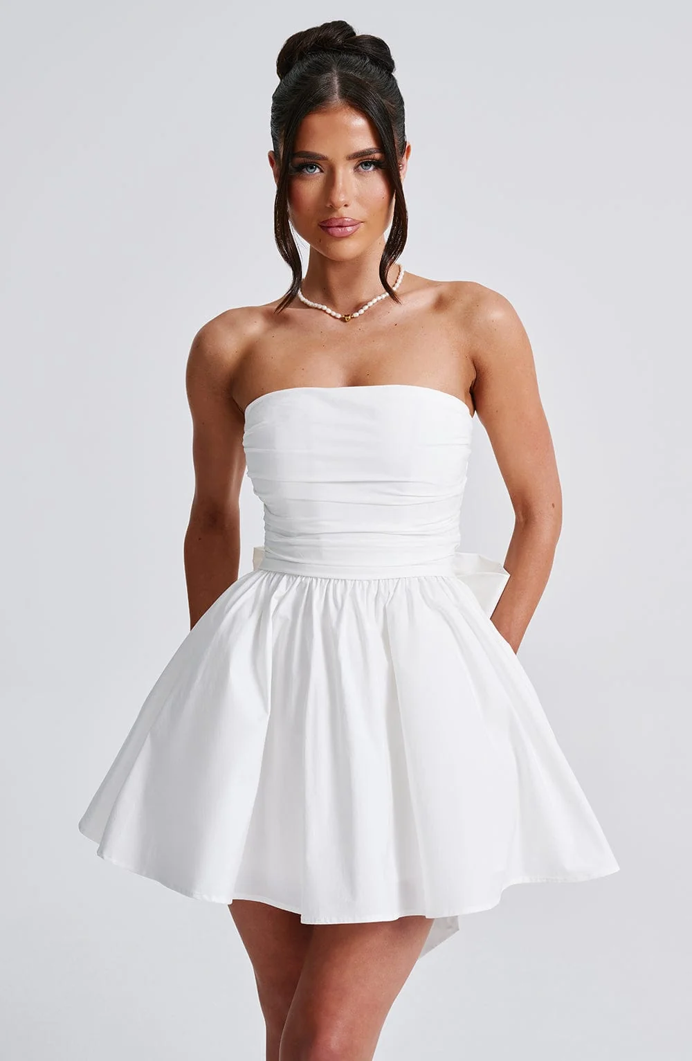 Ivory Strapless Bow Mini Dress - Womens Elegant Evening Apparel