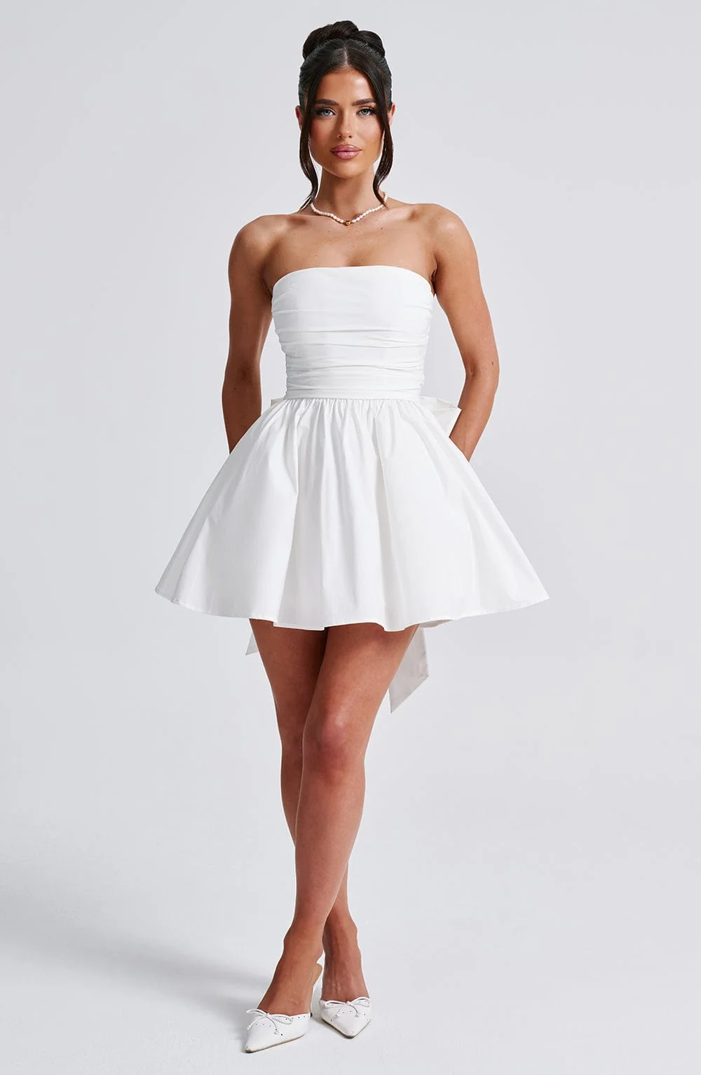 Ivory Strapless Bow Mini Dress - Womens Elegant Evening Apparel