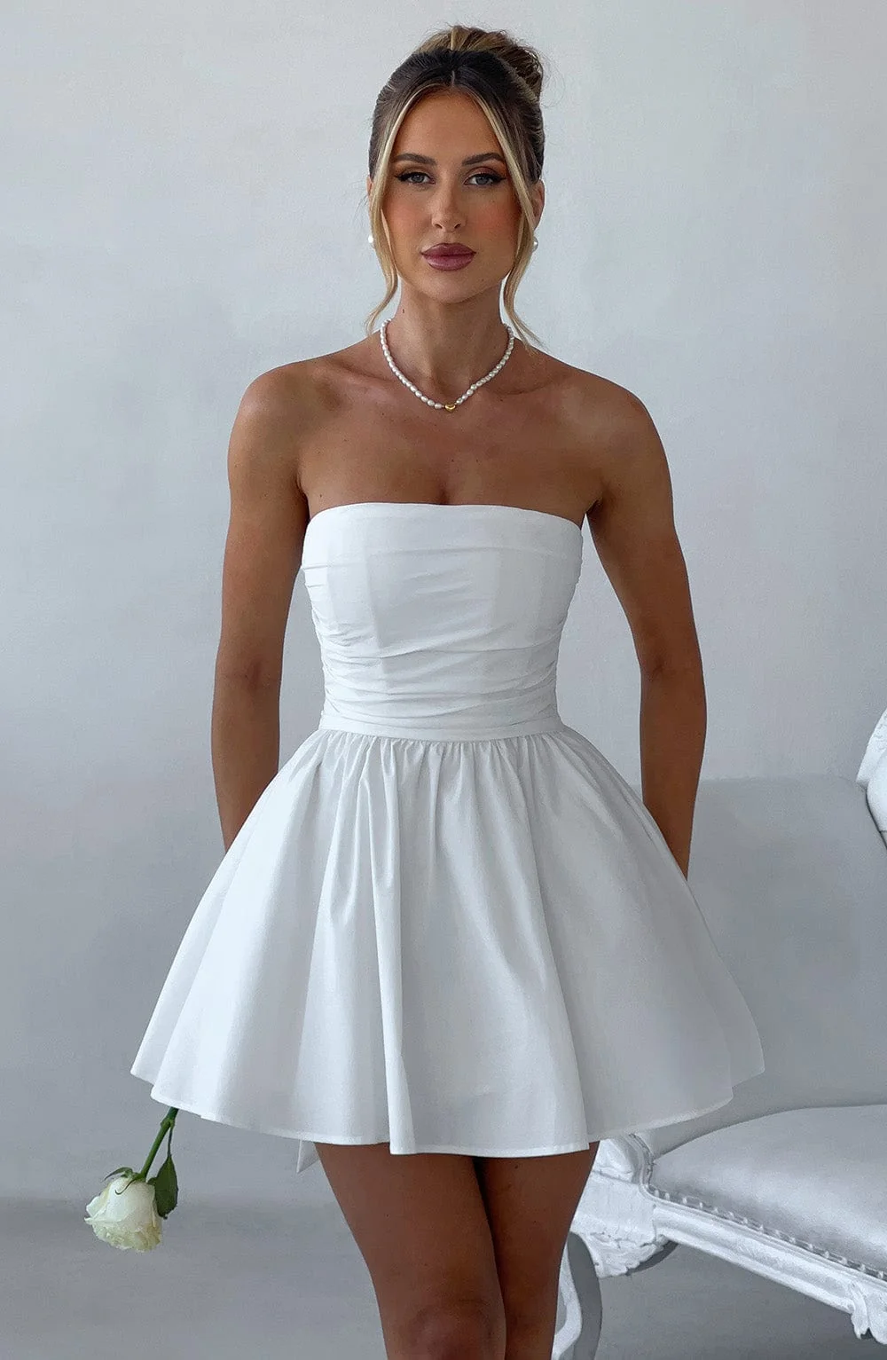 Ivory Strapless Bow Mini Dress - Womens Elegant Evening Apparel