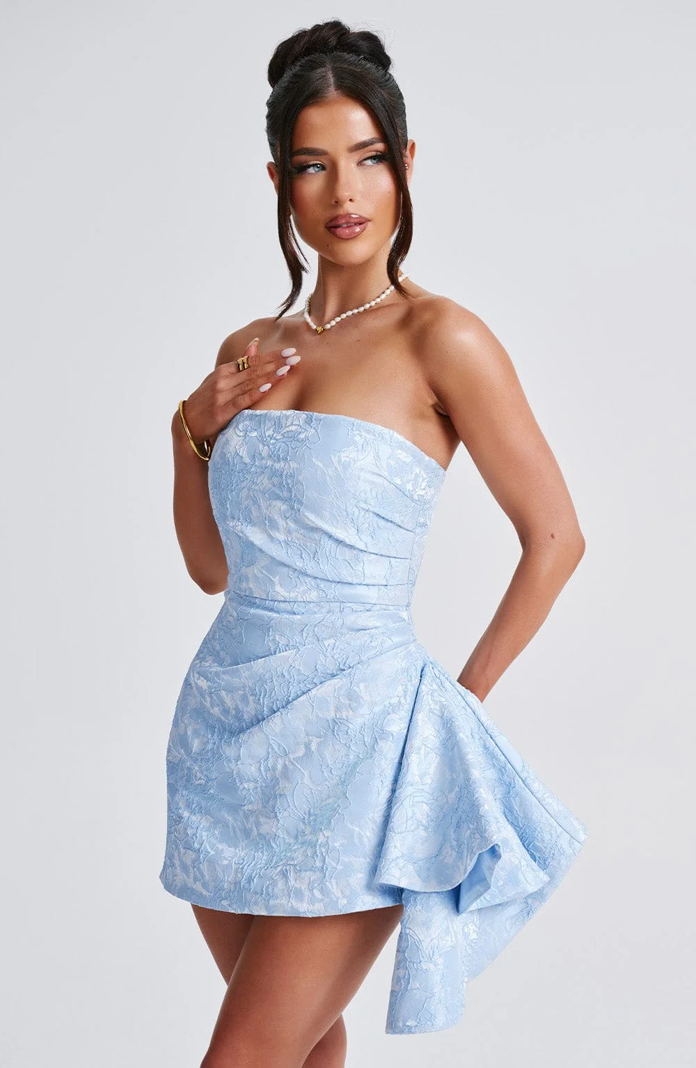 Blue Floral Strapless Playsuit - Premium Jacquard Romper Dress