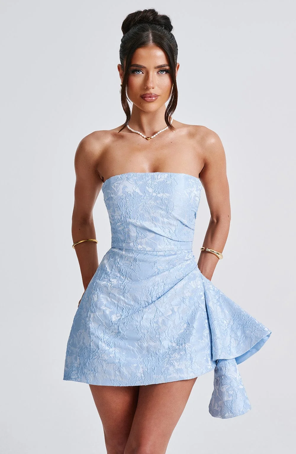 Blue Floral Strapless Playsuit - Premium Jacquard Romper Dress