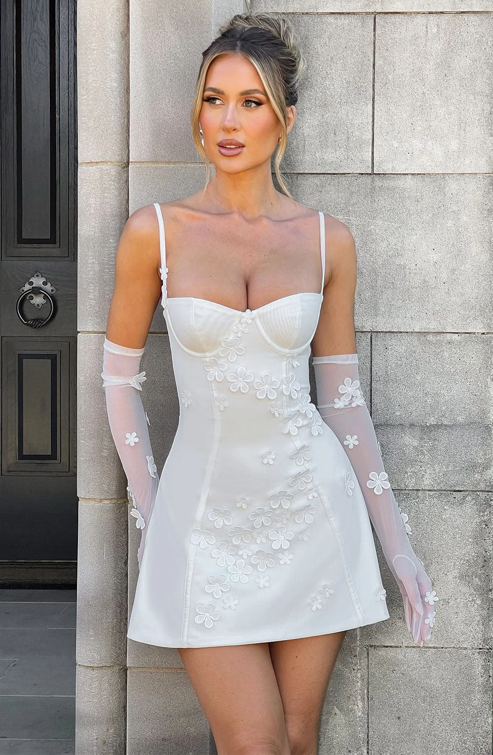 Ivory Mesh A-Line Mini Dress with 3D Flower Appliques