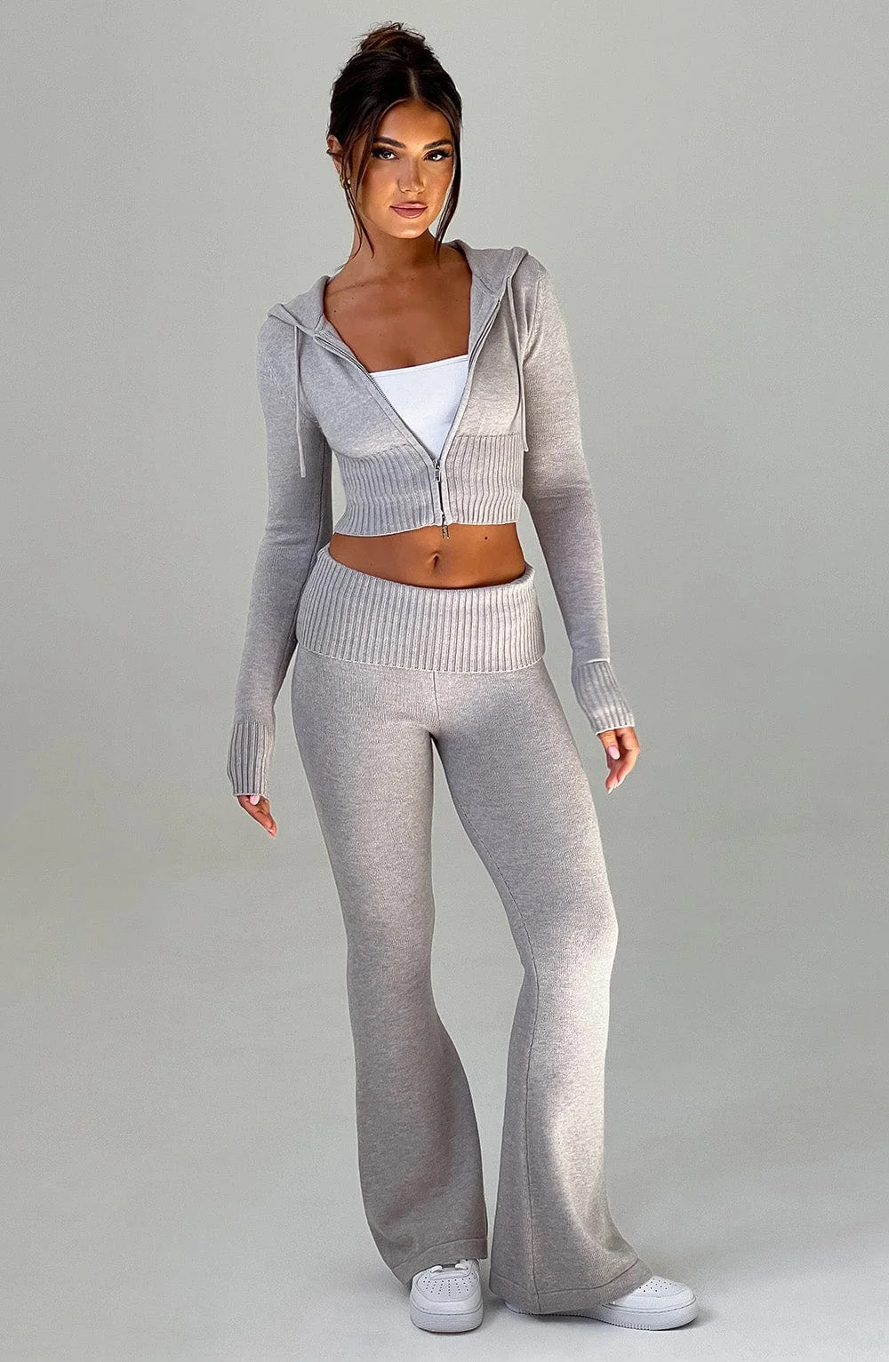 Flare Knit Pants - Light Grey Marl Ribbed Waistband