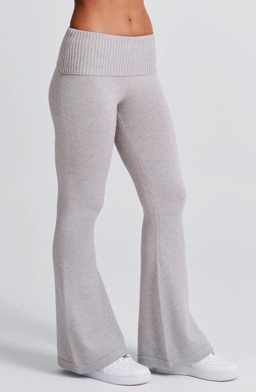 Flare Knit Pants - Light Grey Marl Ribbed Waistband