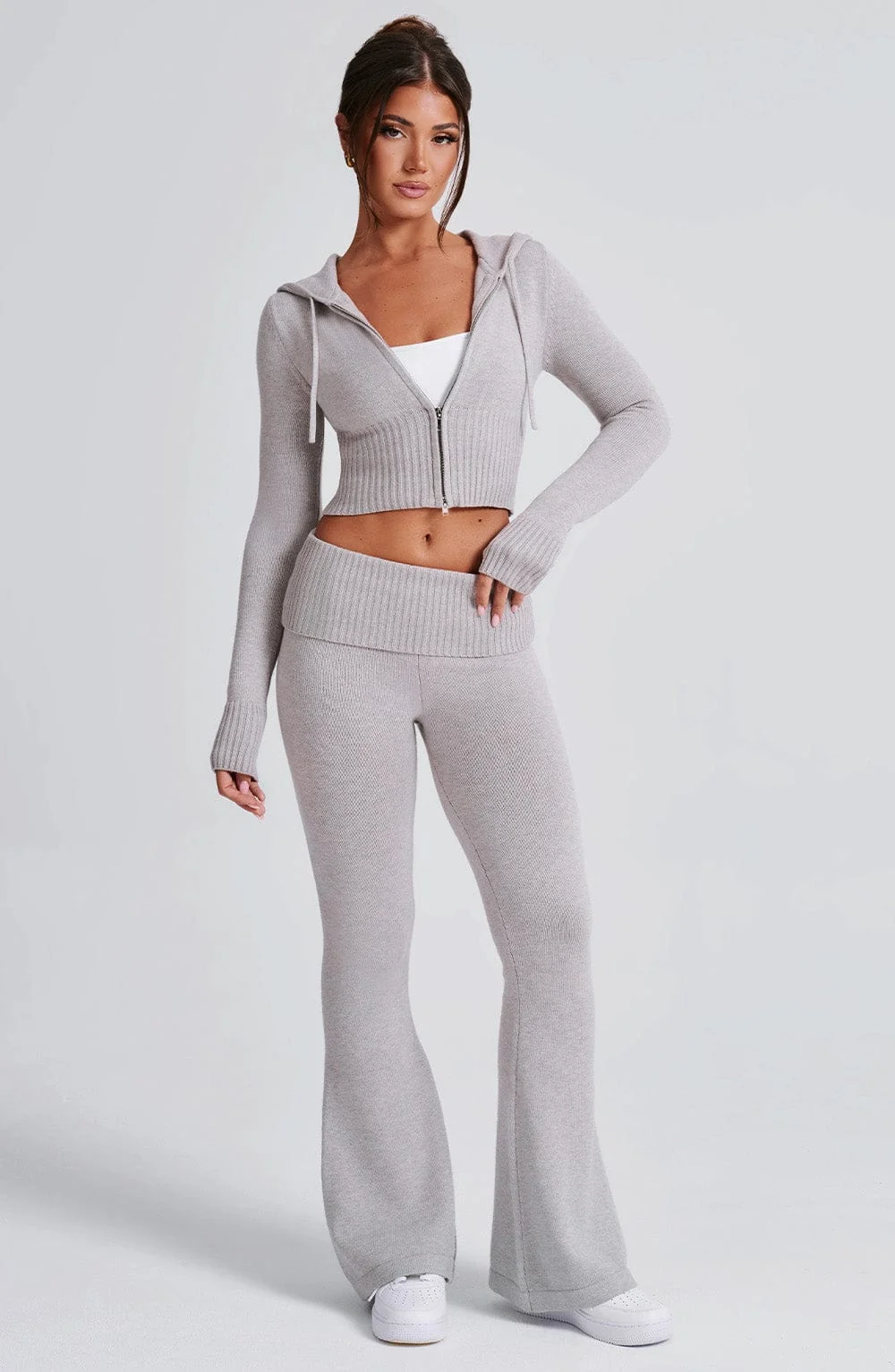 Flare Knit Pants - Light Grey Marl Ribbed Waistband