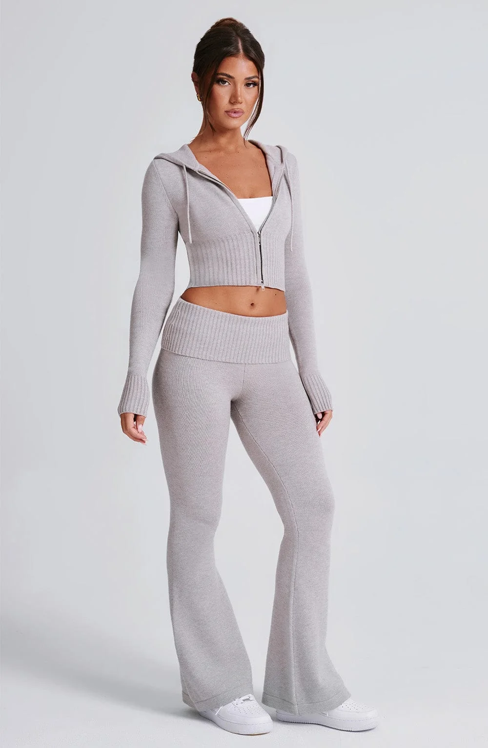 Flare Knit Pants - Light Grey Marl Ribbed Waistband