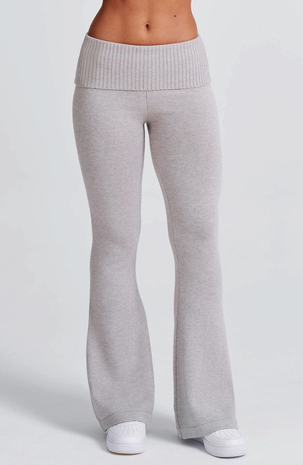 Flare Knit Pants - Light Grey Marl Ribbed Waistband