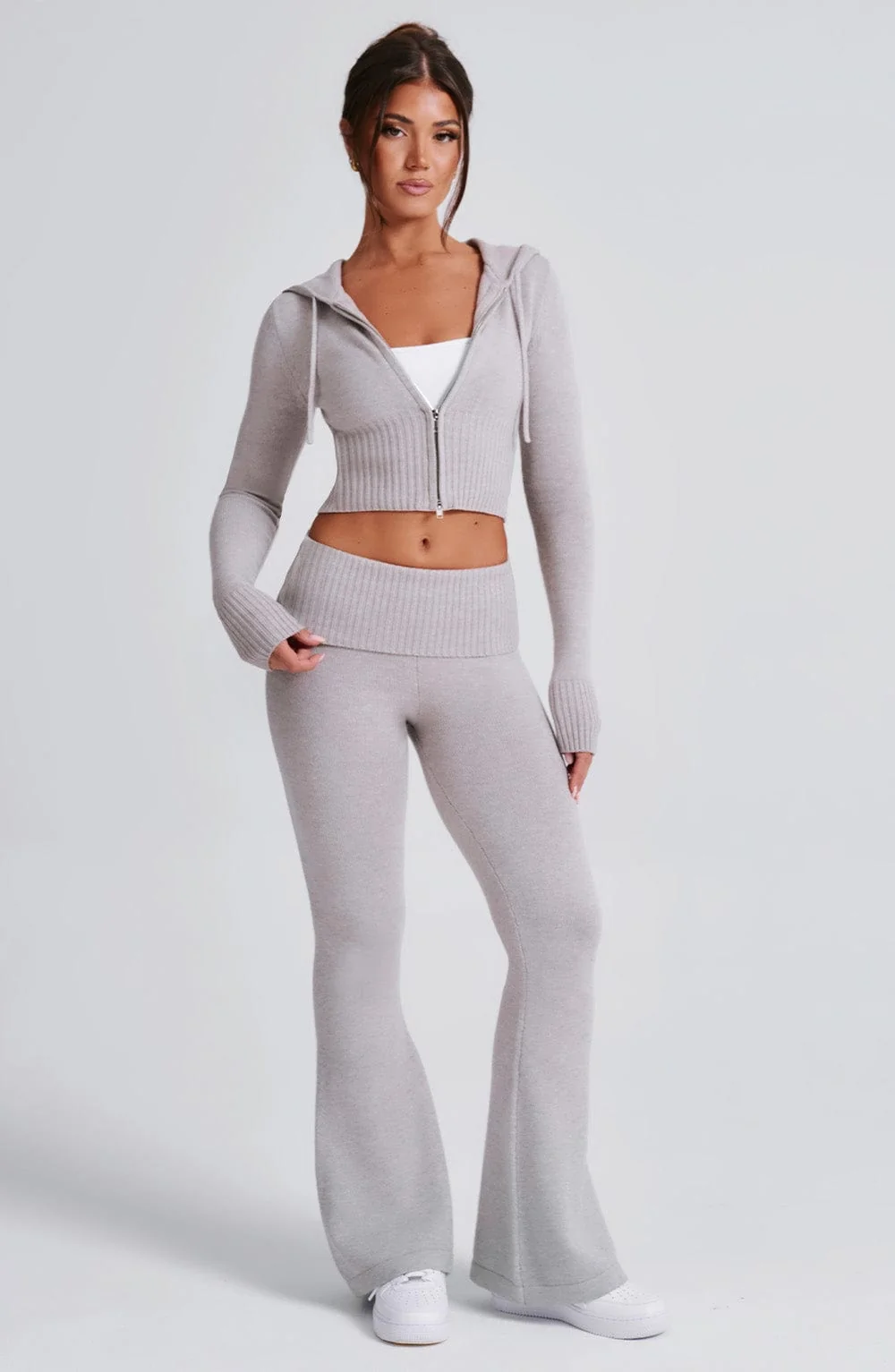 Flare Knit Pants - Light Grey Marl Ribbed Waistband