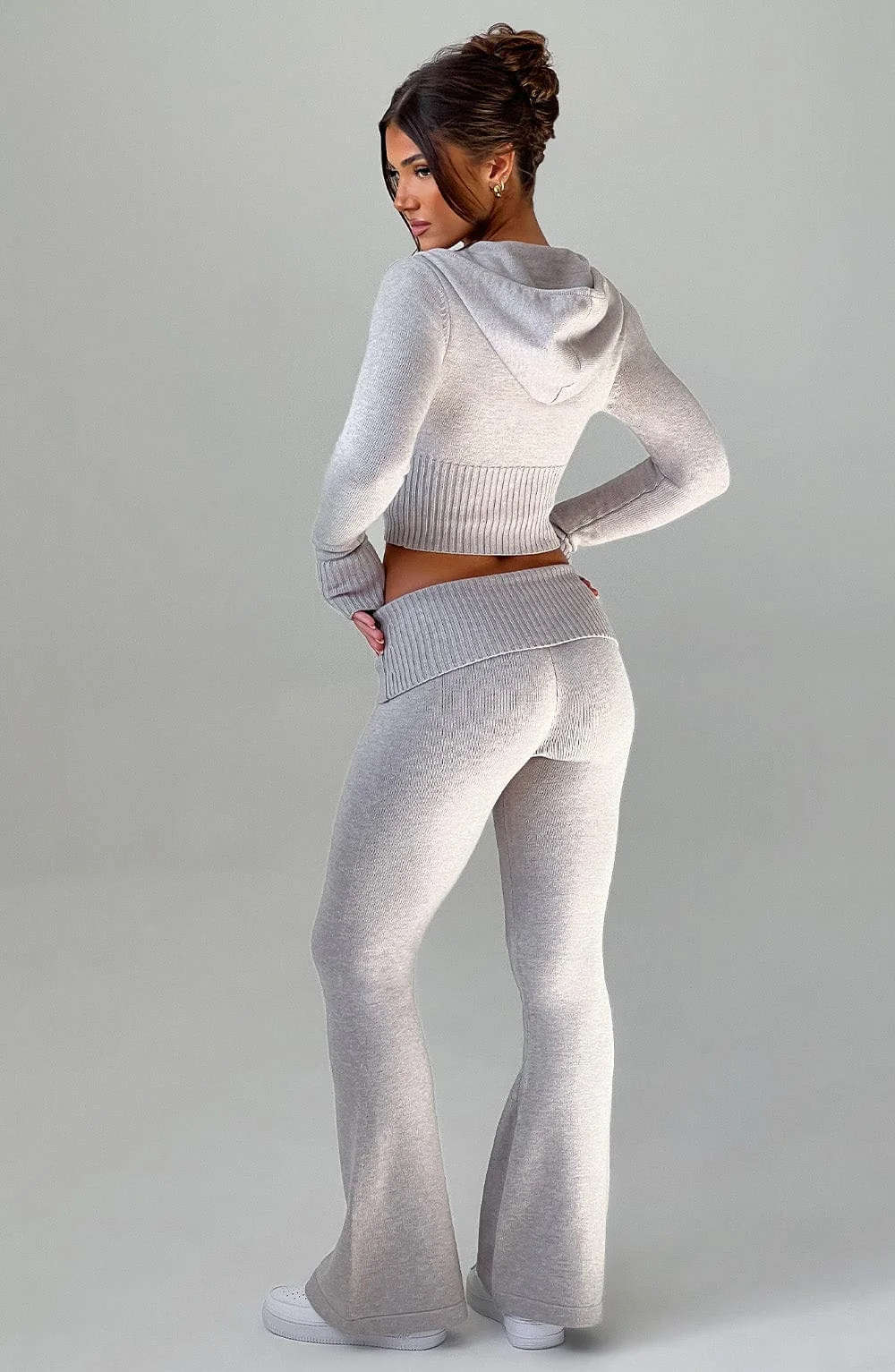 Flare Knit Pants - Light Grey Marl Ribbed Waistband