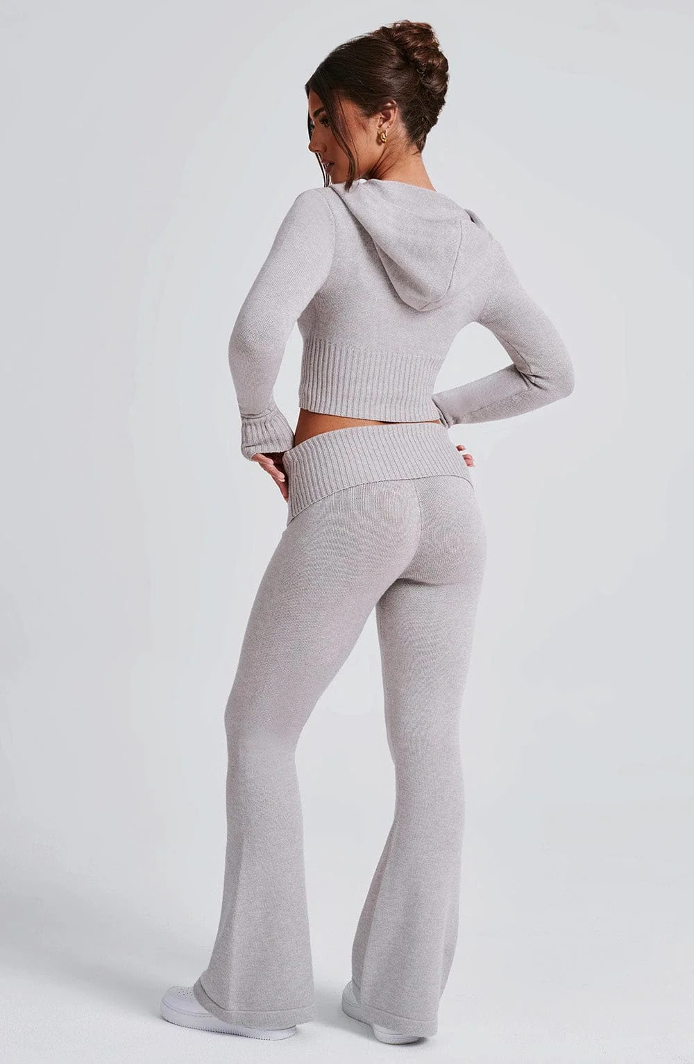 Flare Knit Pants - Light Grey Marl Ribbed Waistband