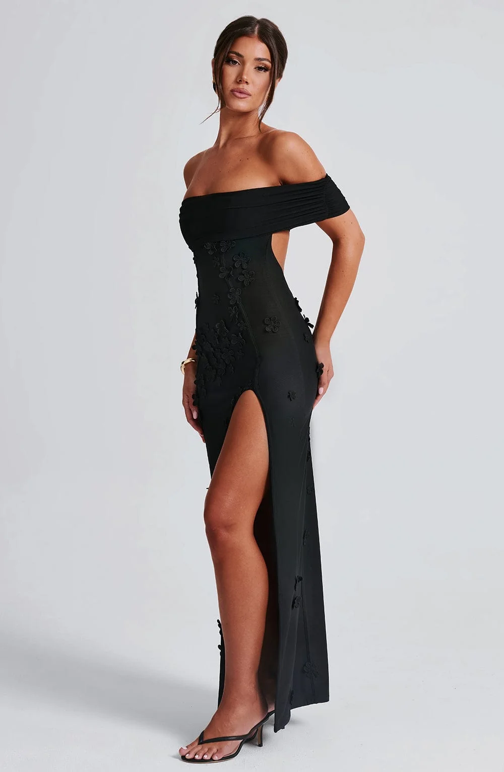 Black Mesh Floral Applique Bardot Maxi Dress