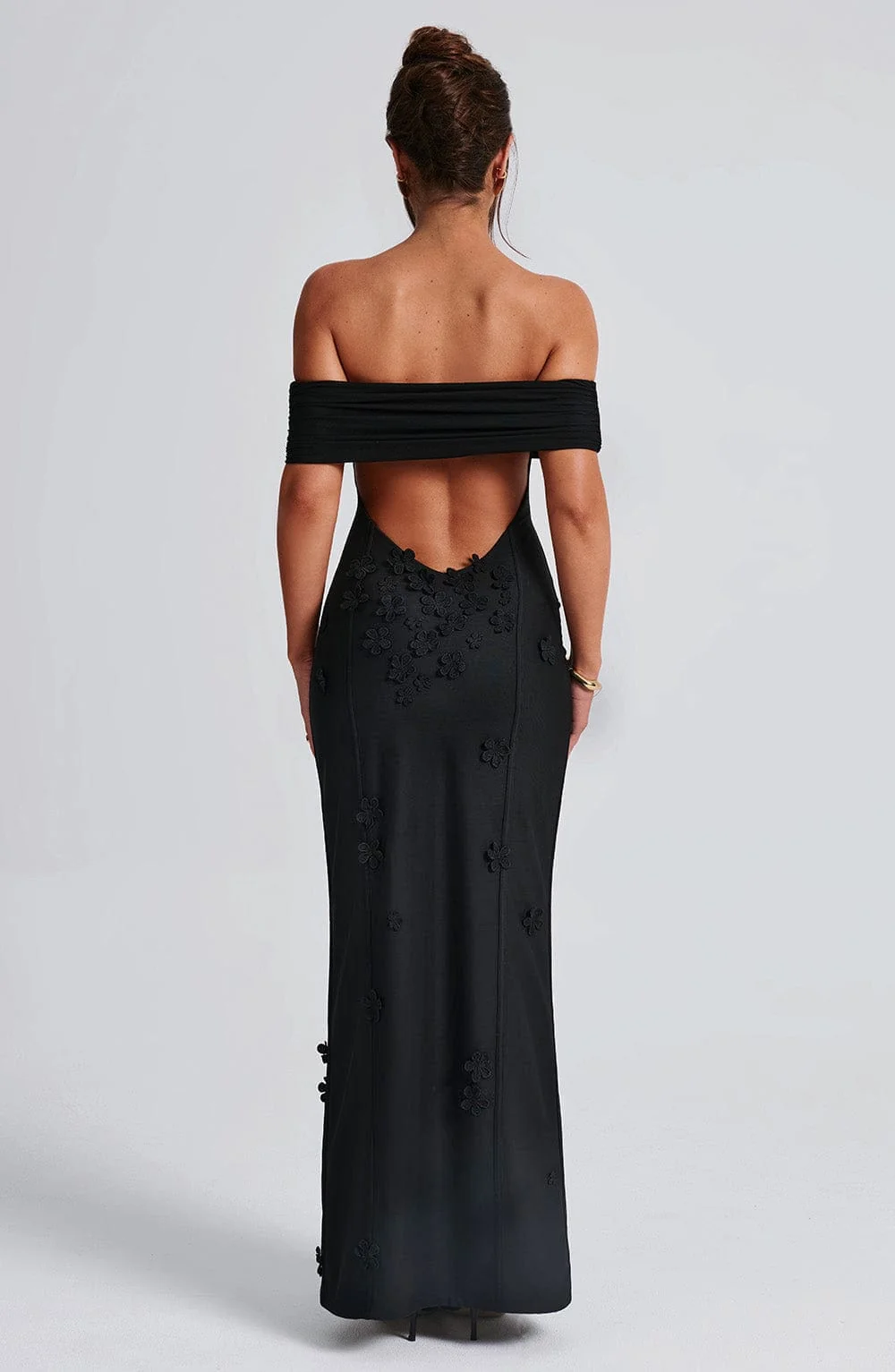 Black Mesh Floral Applique Bardot Maxi Dress