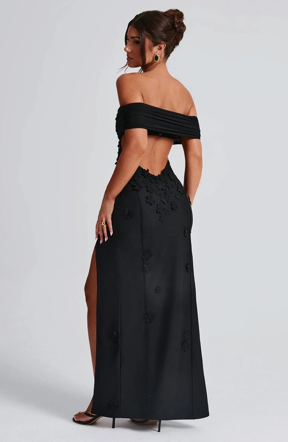 Black Mesh Floral Applique Bardot Maxi Dress