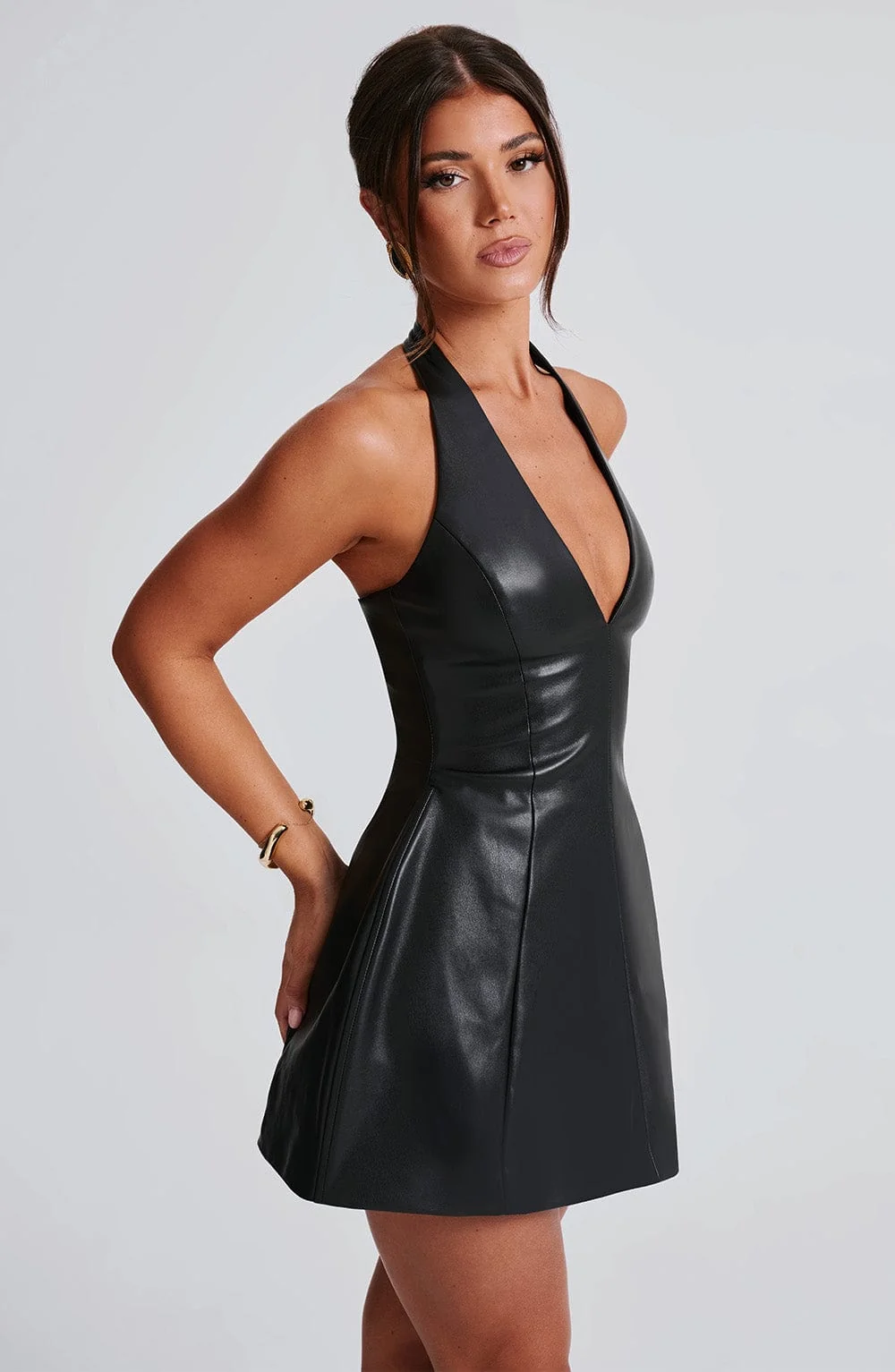 Black Faux Leather Halterneck Mini Dress with Panelled Bodice
