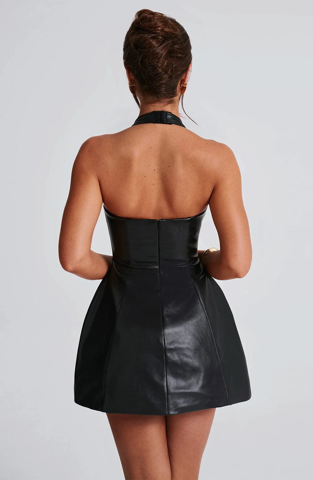 Black Faux Leather Halterneck Mini Dress with Panelled Bodice