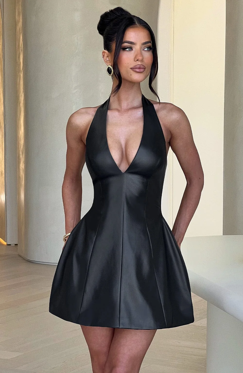 Black Faux Leather Halterneck Mini Dress with Panelled Bodice