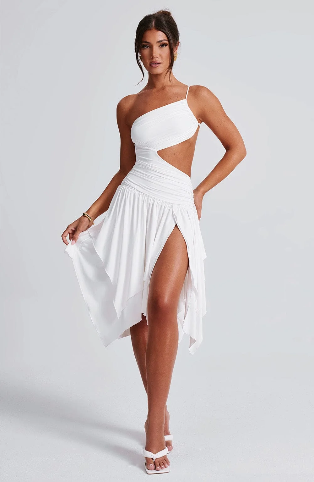 White Asymmetric Midi Dress with Cut-out Detail