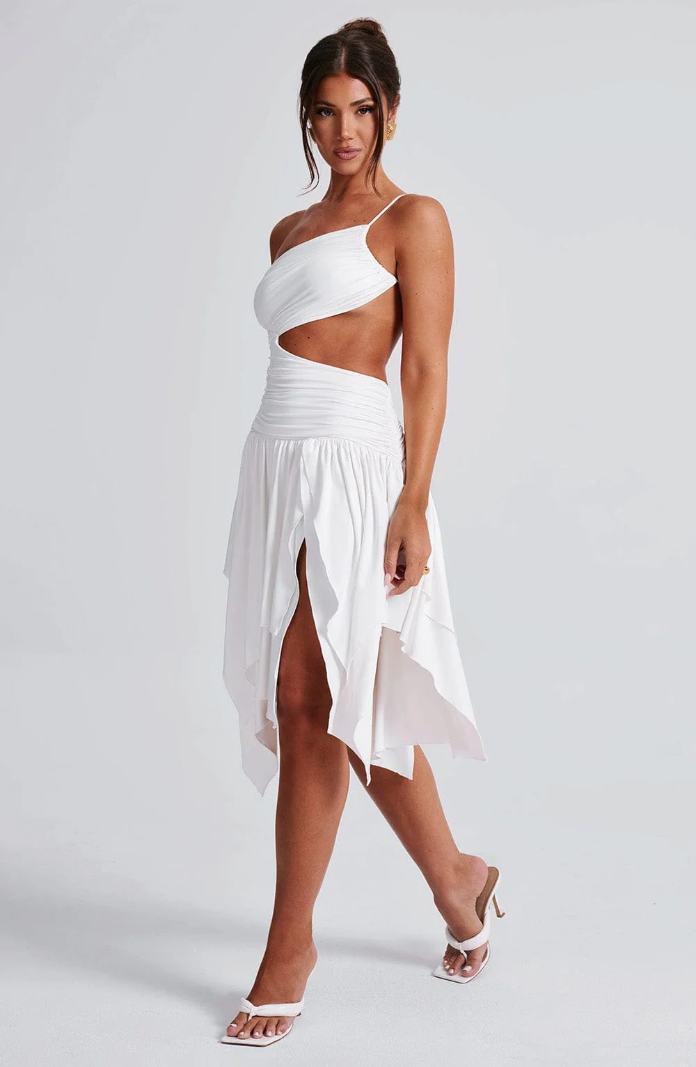 White Asymmetric Midi Dress with Cut-out Detail