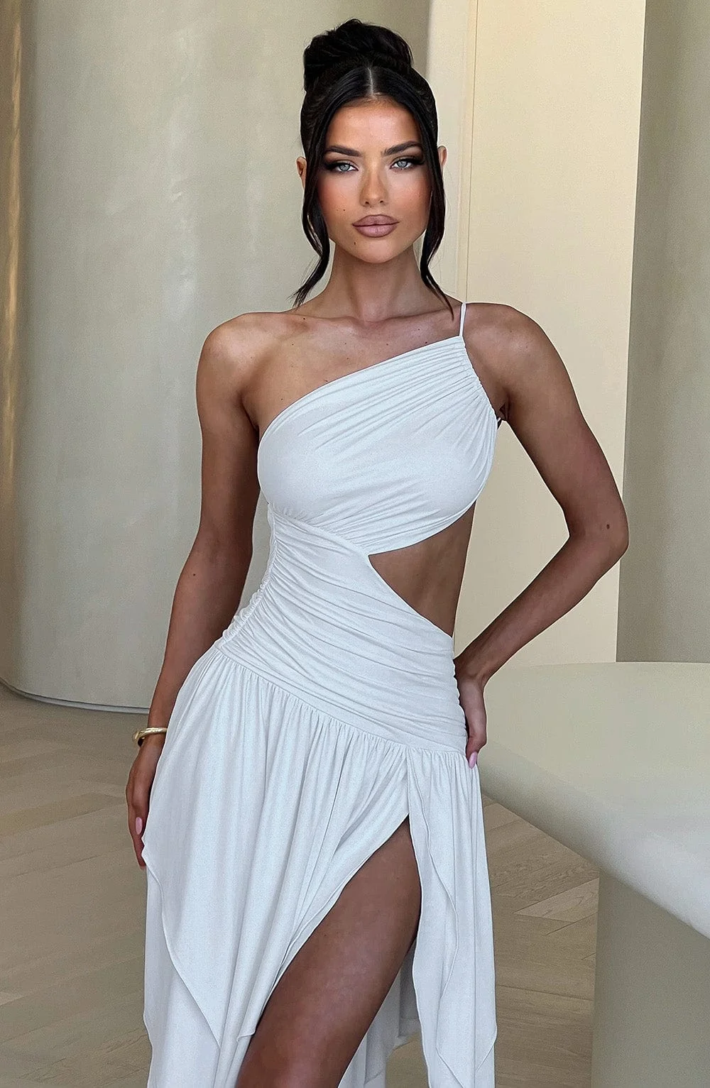 White Asymmetric Midi Dress with Cut-out Detail