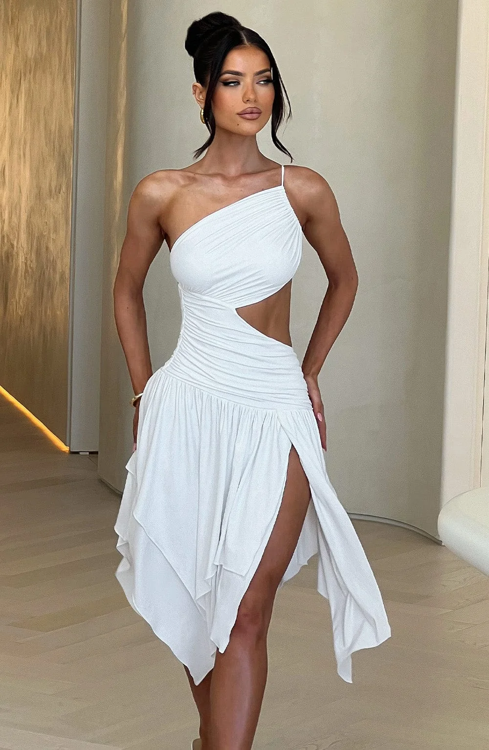 White Asymmetric Midi Dress with Cut-out Detail