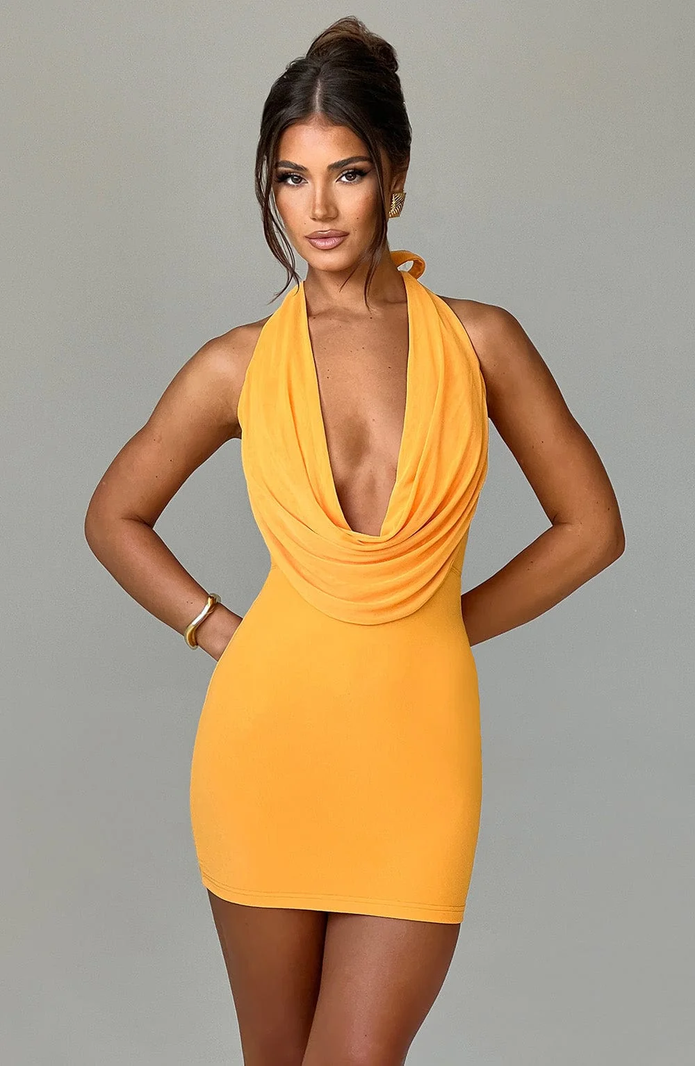 Tangerine Mesh Mini Dress with Plunge Halter Neck