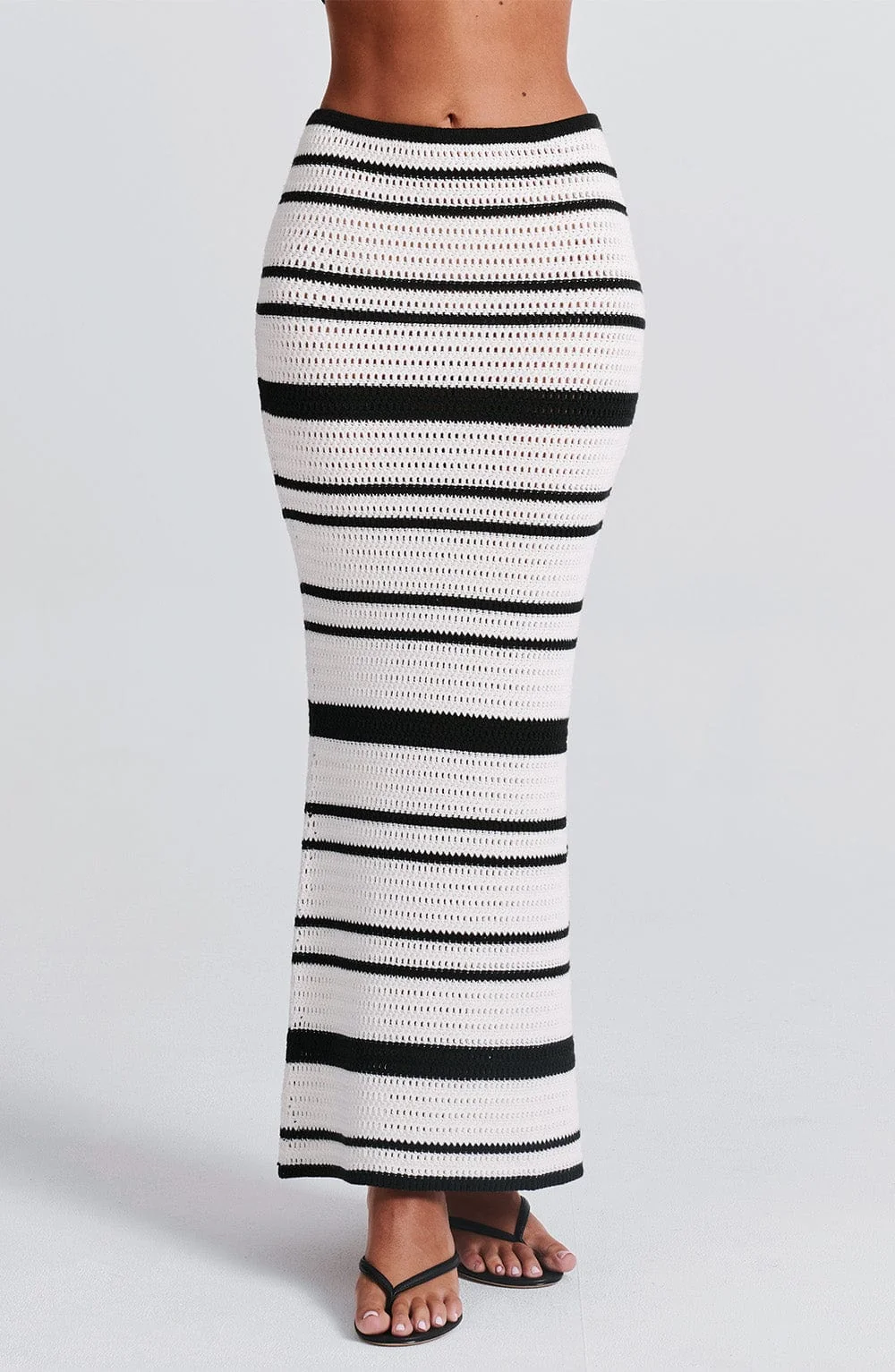 Black & White Crochet Knit Maxi Skirt with Stripe Pattern
