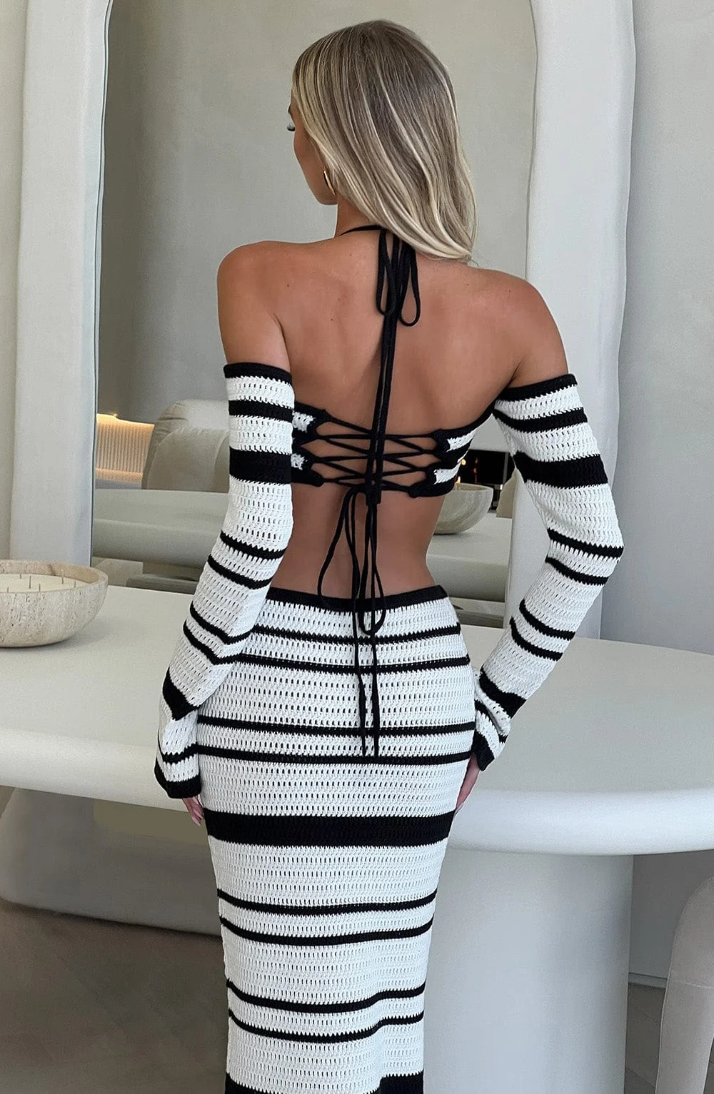 Black & White Crochet Knit Maxi Skirt with Stripe Pattern