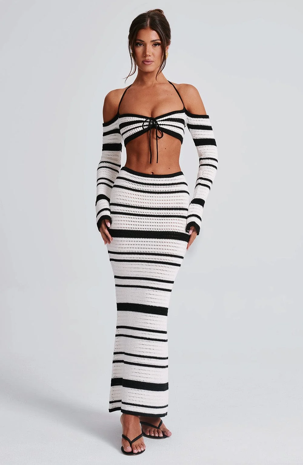 Black & White Crochet Knit Maxi Skirt with Stripe Pattern