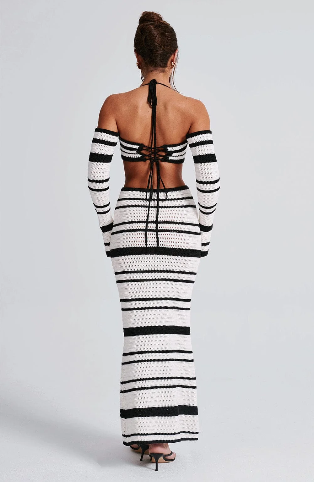 Black & White Crochet Knit Maxi Skirt with Stripe Pattern