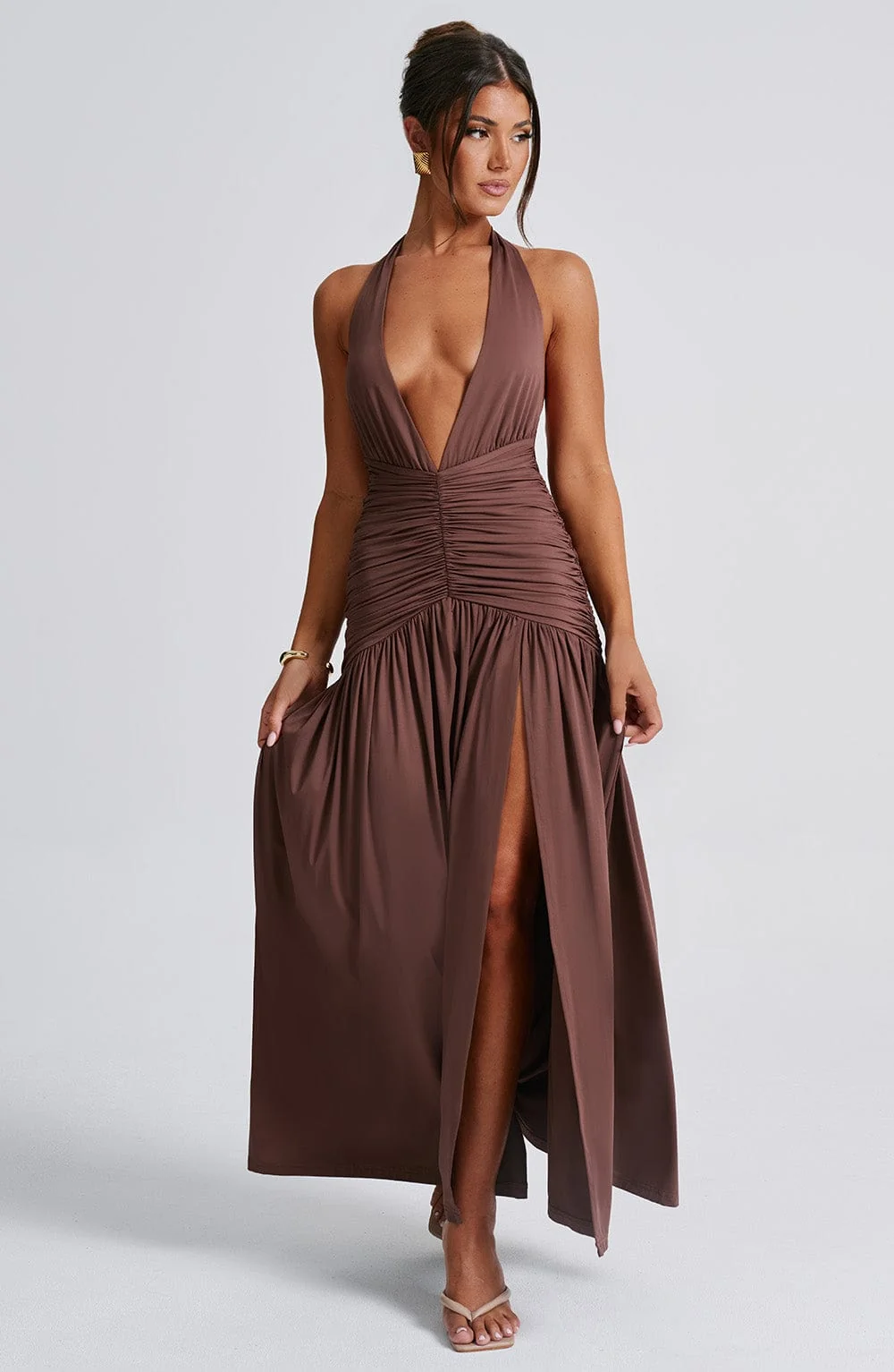 Chocolate Halter Maxi Dress - Elegant Figure-Hugging Style
