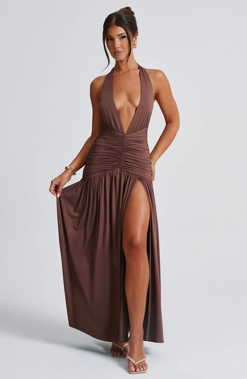 Chocolate Halter Maxi Dress - Elegant Figure-Hugging Style