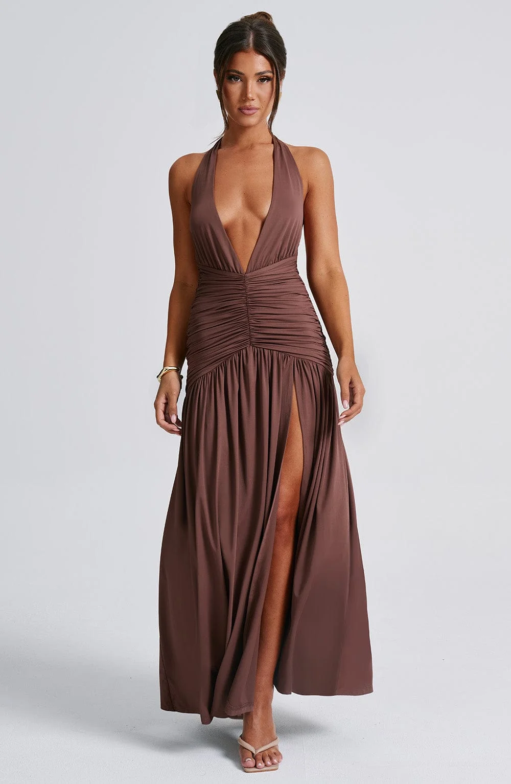 Chocolate Halter Maxi Dress - Elegant Figure-Hugging Style