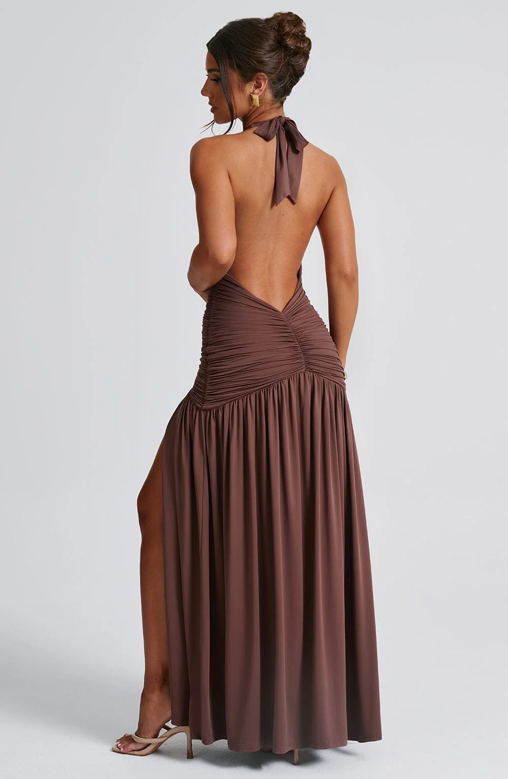 Chocolate Halter Maxi Dress - Elegant Figure-Hugging Style