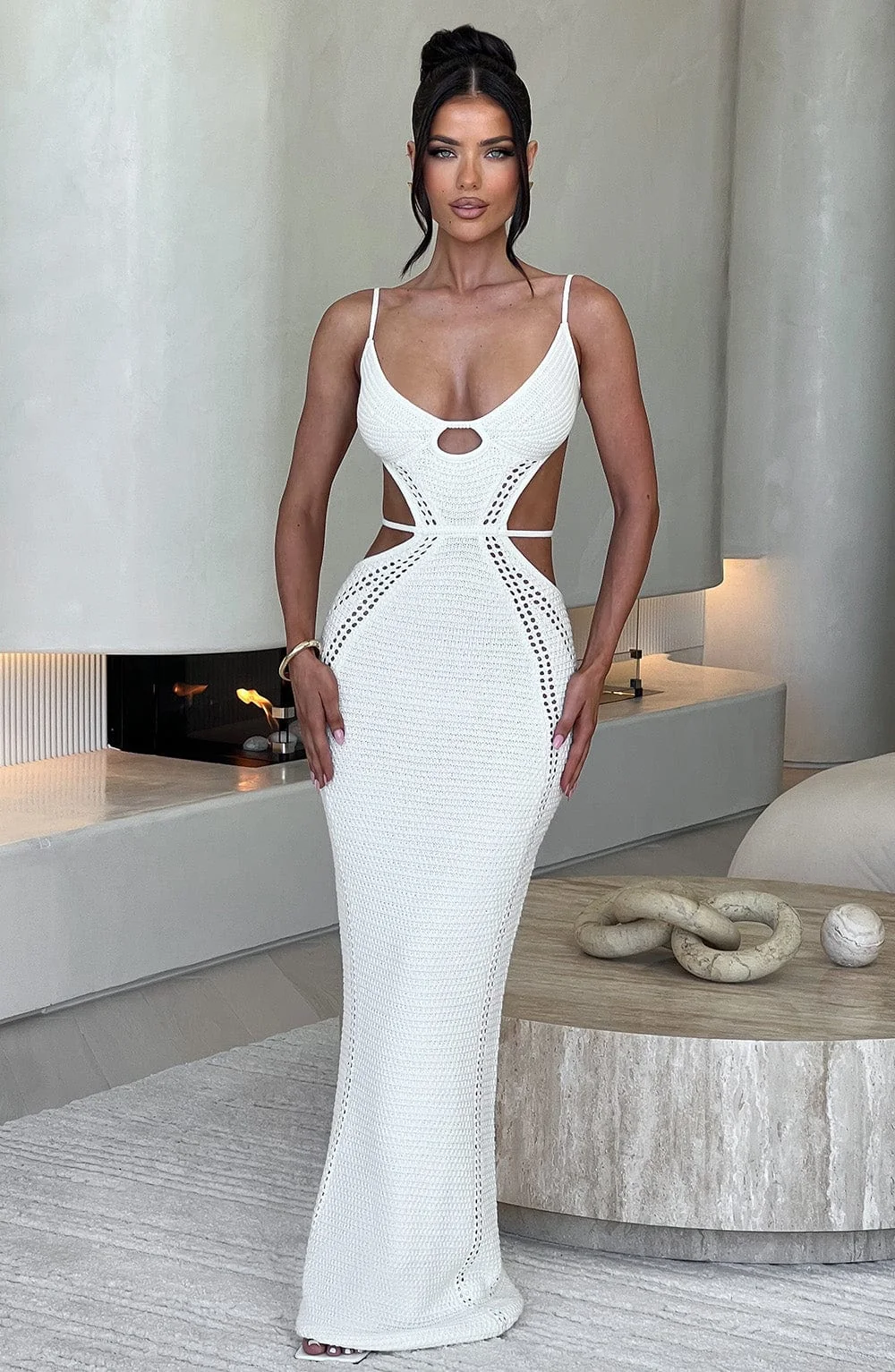 White Crochet Knit Sweetheart Maxi Dress