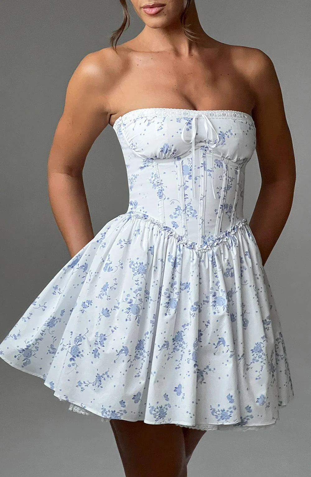 Blue Ditsy Print Mini Dress - Elegant Strapless Design