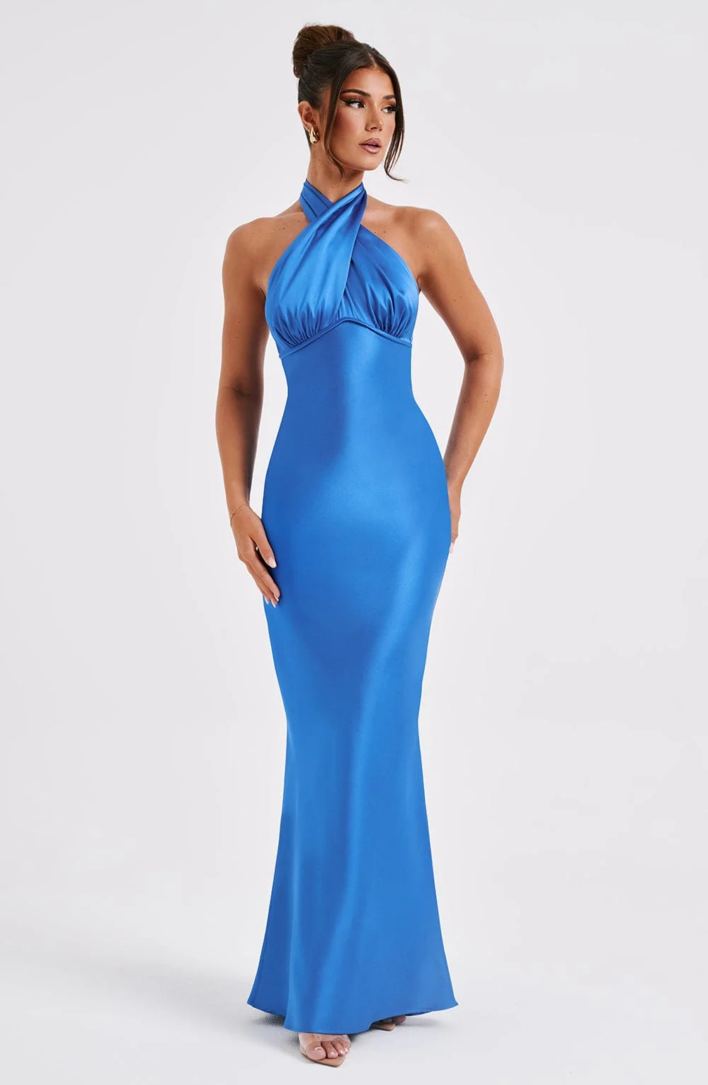 Blue Satin Maxi Dress with Cross Neckline & Flare Silhouette