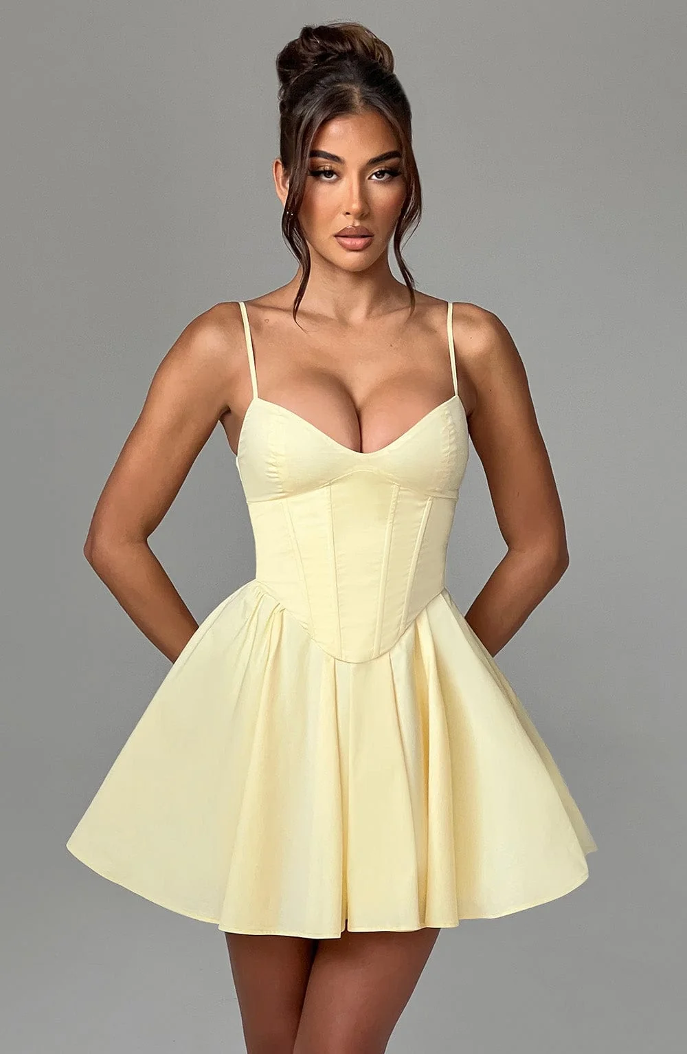 Lemon Mini Dress with Corset Bodice & Full Skirt