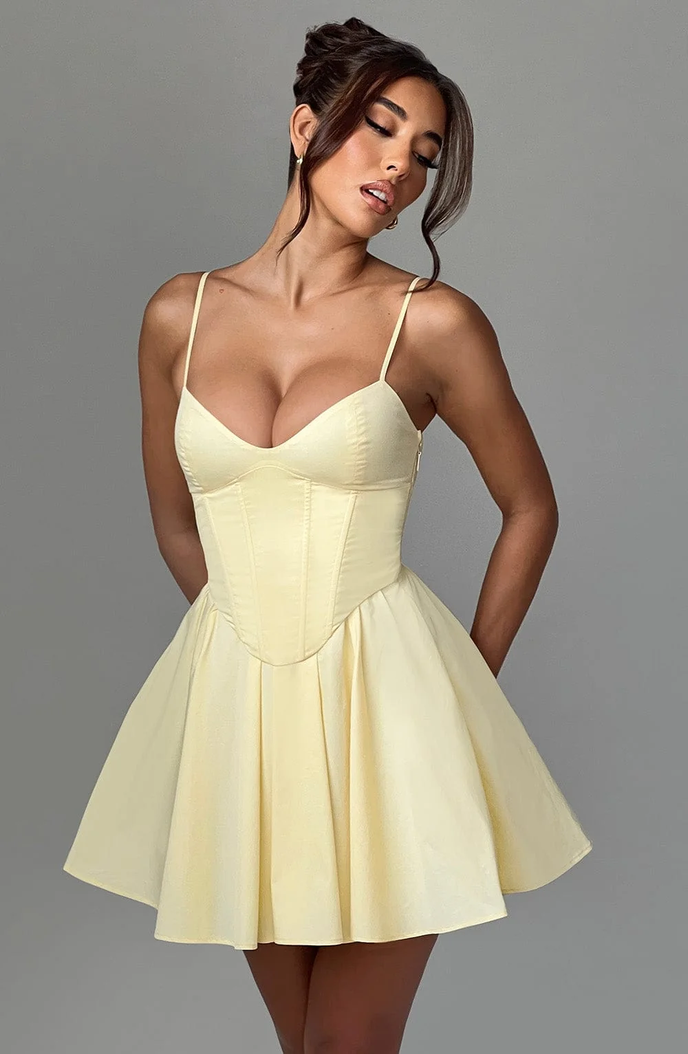 Lemon Mini Dress with Corset Bodice & Full Skirt