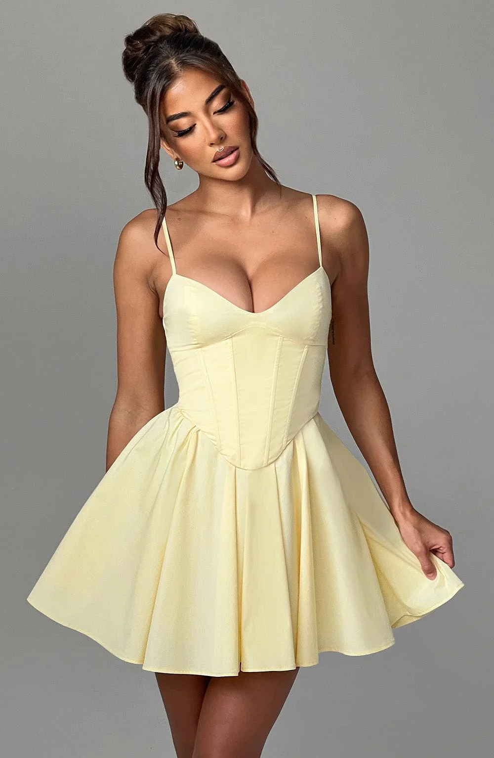 Lemon Mini Dress with Corset Bodice & Full Skirt