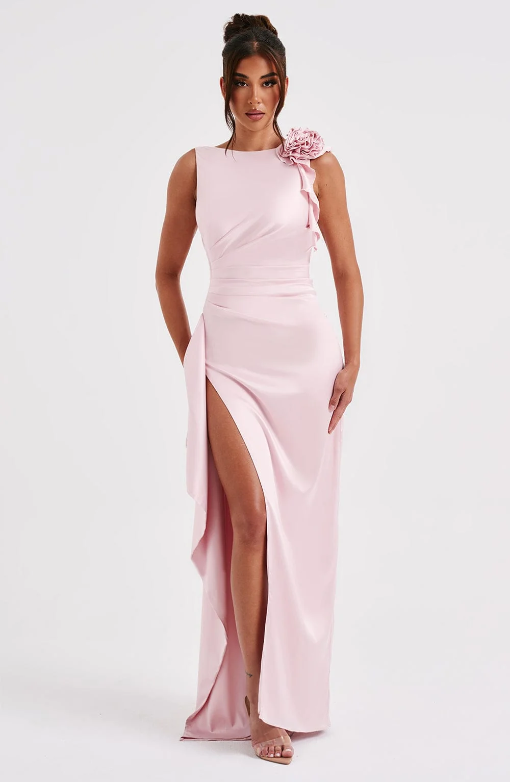 Blush Satin Maxi Dress with Thigh High Split